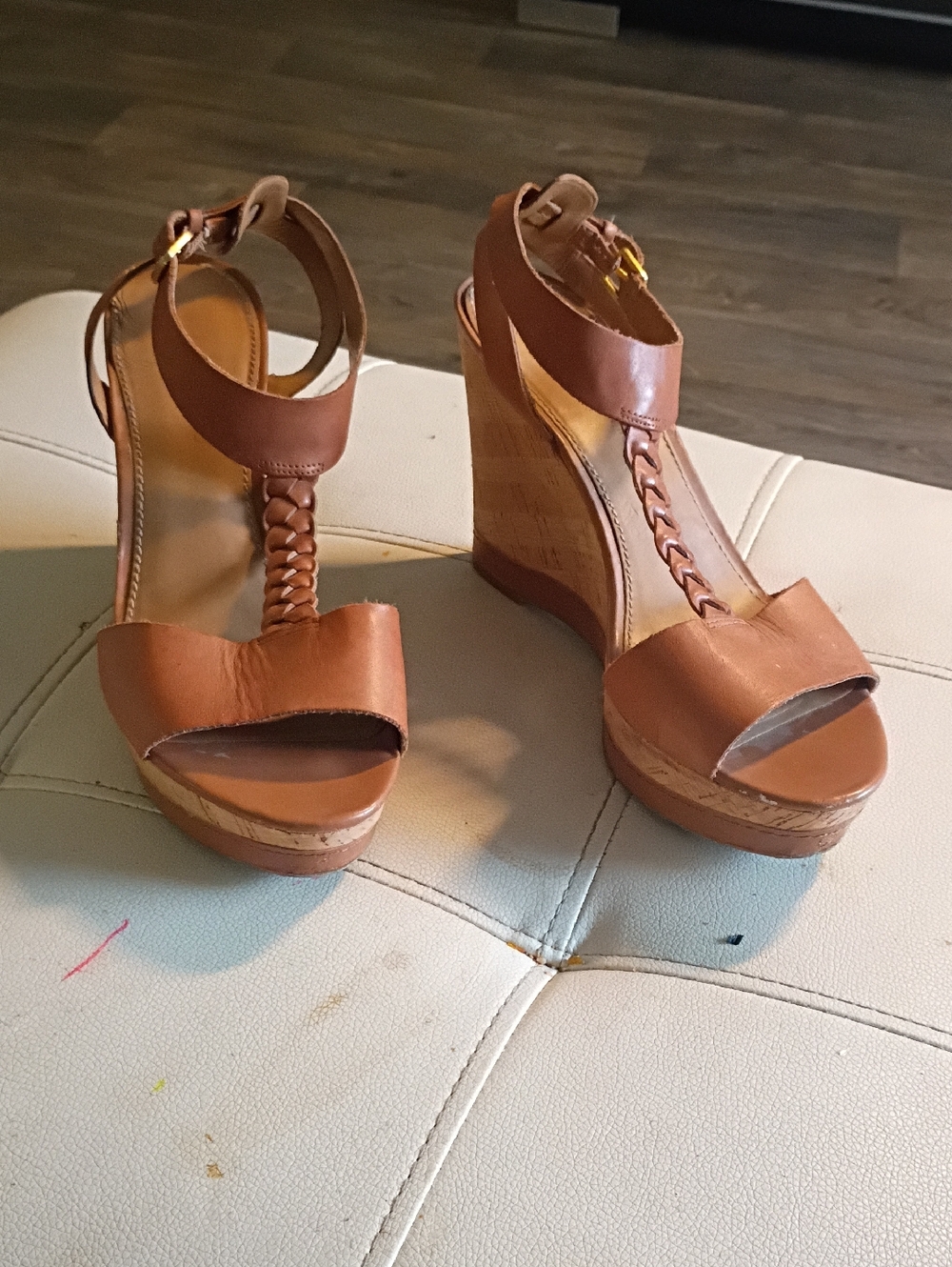 Franco Sarto Tan Braided T-Strap Wedge Sandals with Ankle Strap